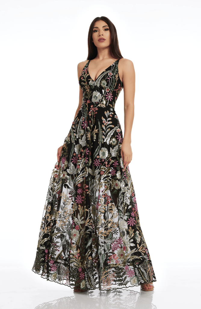 dress the population floral sequin dress Layana Gown XS / Black MULTI