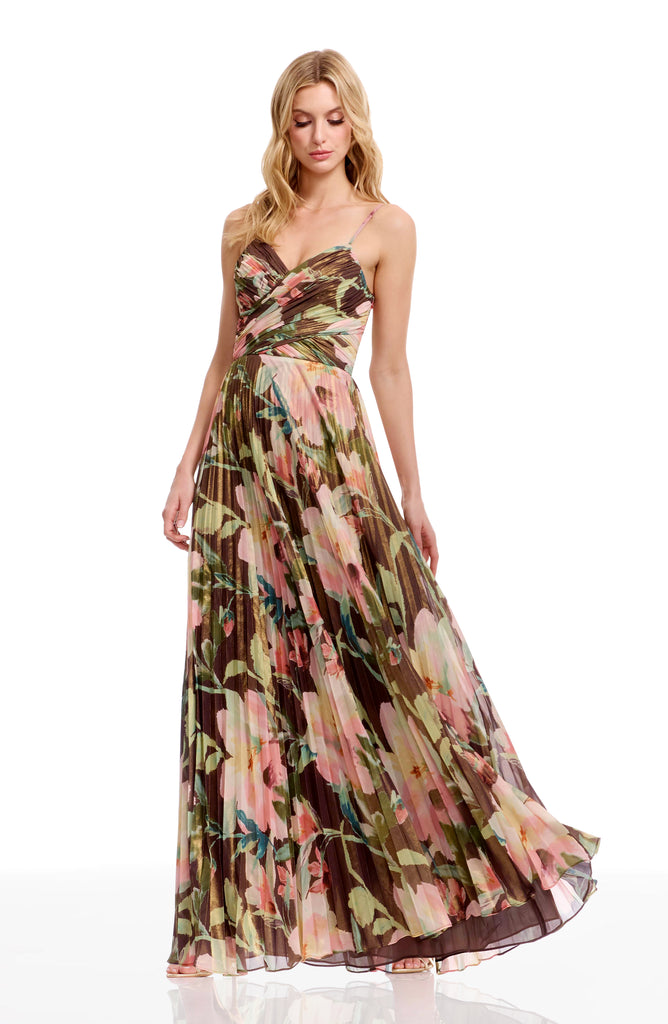 dress the population aspen dress Floral Print Pleated Chiffon Gown in Multi