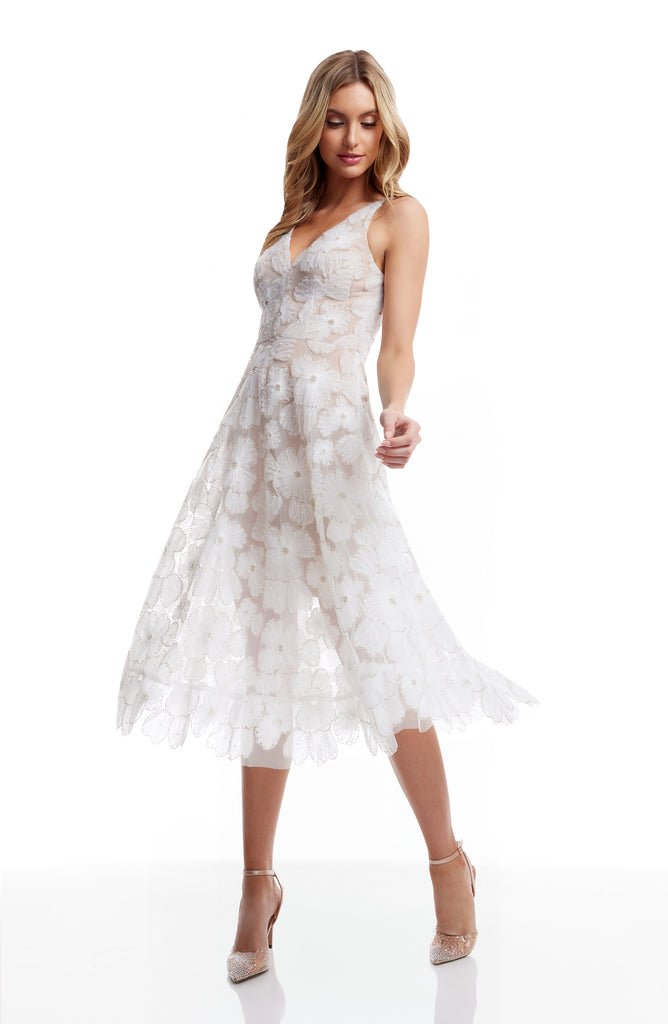 Dress The Population Women's Blair Beaded Floral Cocktail Midi Dress - White - Casual Dresses Dress The Population Women's Blair Beaded Floral Cocktail Midi Dress - White - Casual Dresses