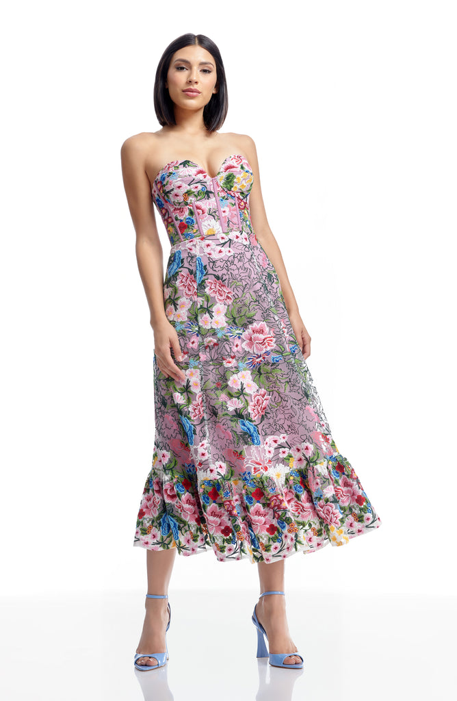 Dress The Population Carina Embroidered Strapless Dress - Blush Multi