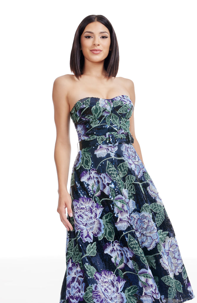 open lace back dress Dress The Population Carlita Floral Strapless Dress - Navy Multi