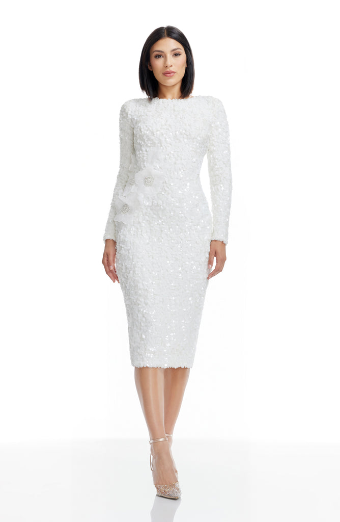 Dress the Population Women's Emmalyn Floral Appliqué & Sequin Long Sleeve Body-Con Cocktail Dress - White Dress the Population Women's Emmalyn Floral Appliqué & Sequin Long Sleeve Body-Con Cocktail Dress - White