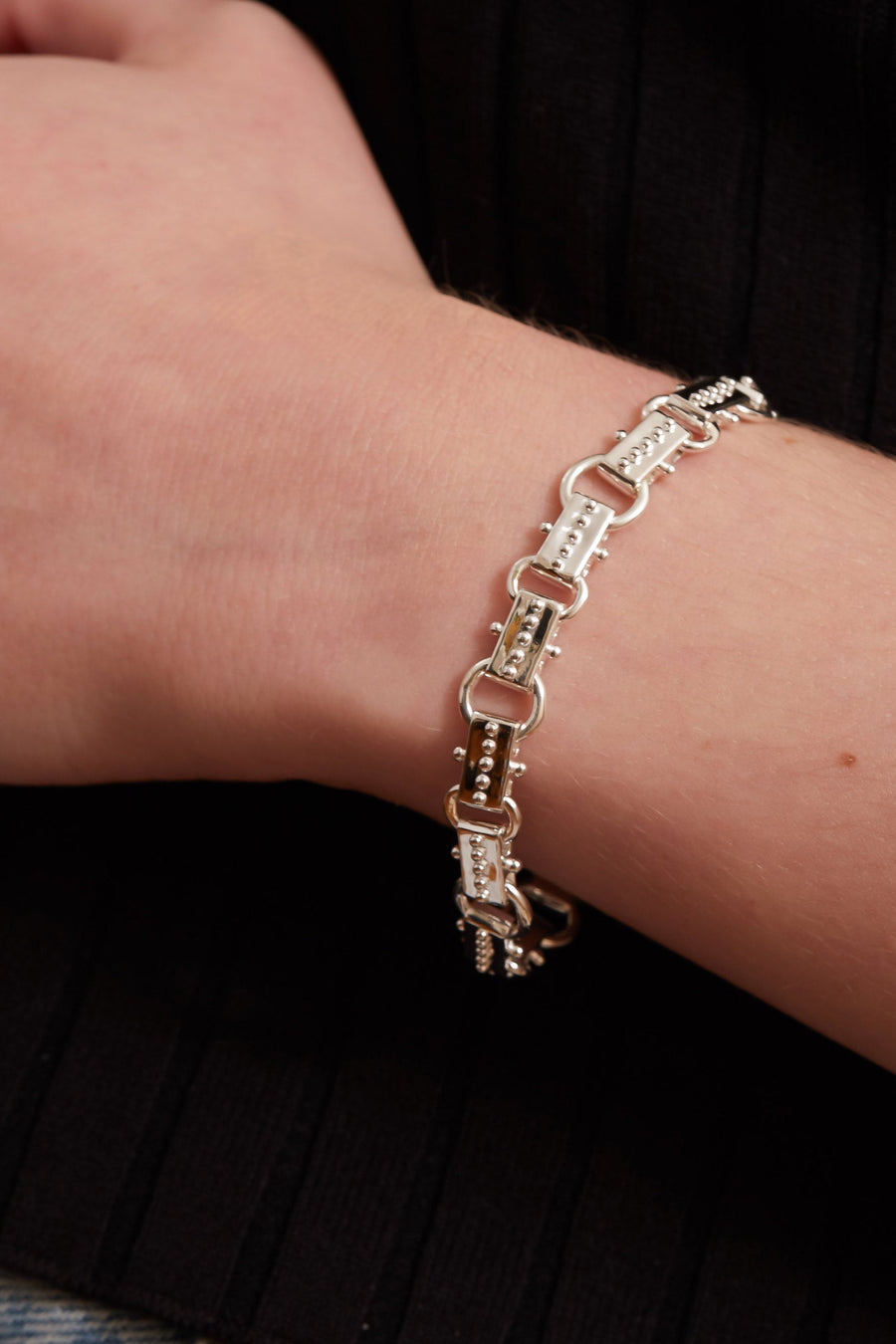silver bracelet on model