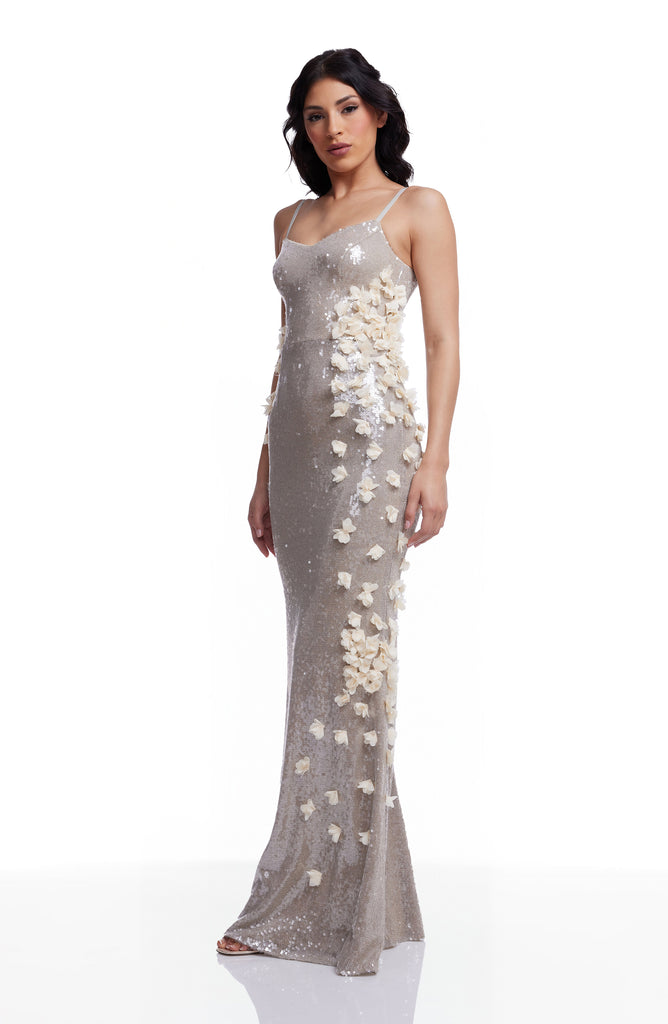 Dress the Population Giovanna Floral Appliqué Sequin Gown in Dark Pearl at Nordstrom, Size Large Dress the Population Giovanna Floral Appliqué Sequin Gown in Dark Pearl at Nordstrom, Size Large