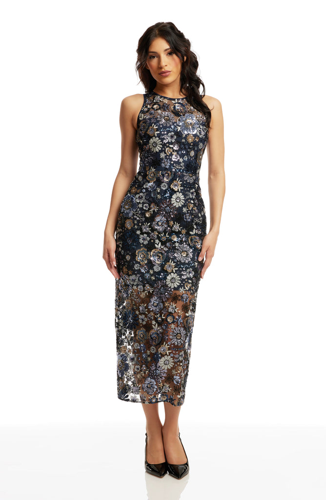 Dress The Population Helena Sequined Midi Dress - Navy Multi Dress The Population Helena Sequined Midi Dress - Navy Multi