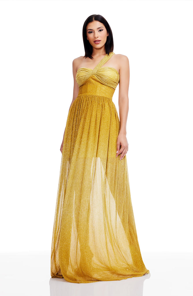 Dress The Population Women's IDALIA Metallic One-Shoulder Gown - Golden Haze