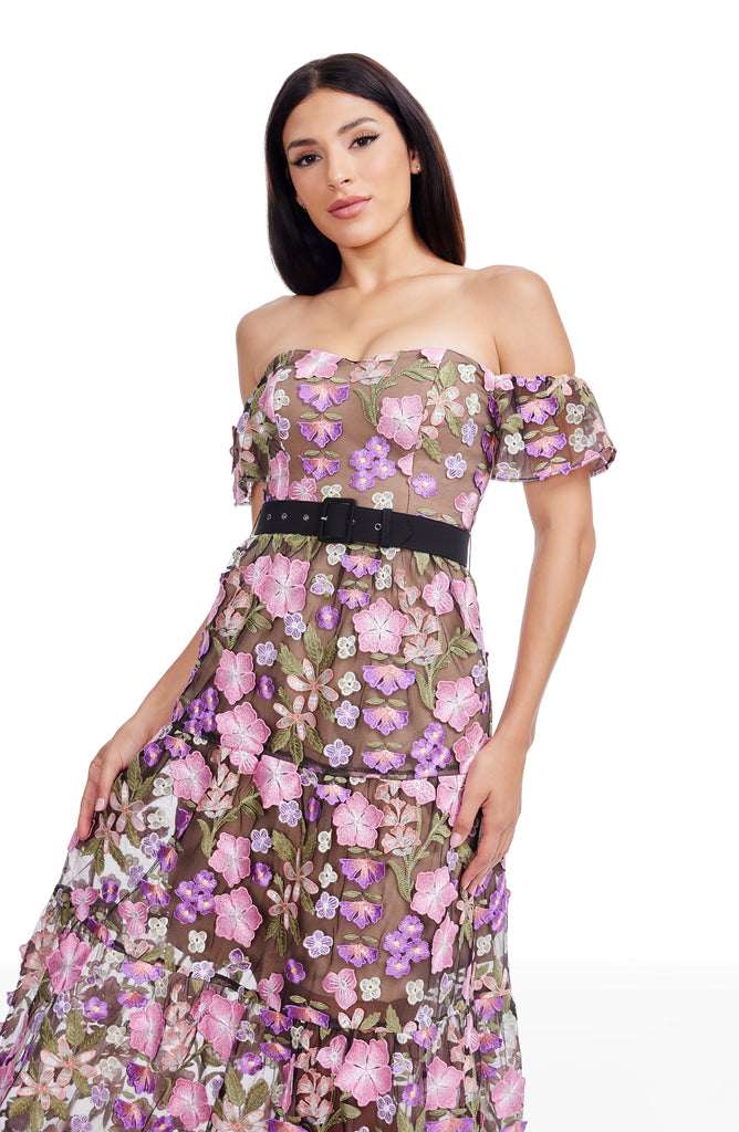 lara dresses The Dress in Blue Watercolor Floral 10 / Blue Watercolor Floral Beautiful mermaid gown with off shoulder sleeves featuring a unique tiered effect Lara Gown, XL / Black