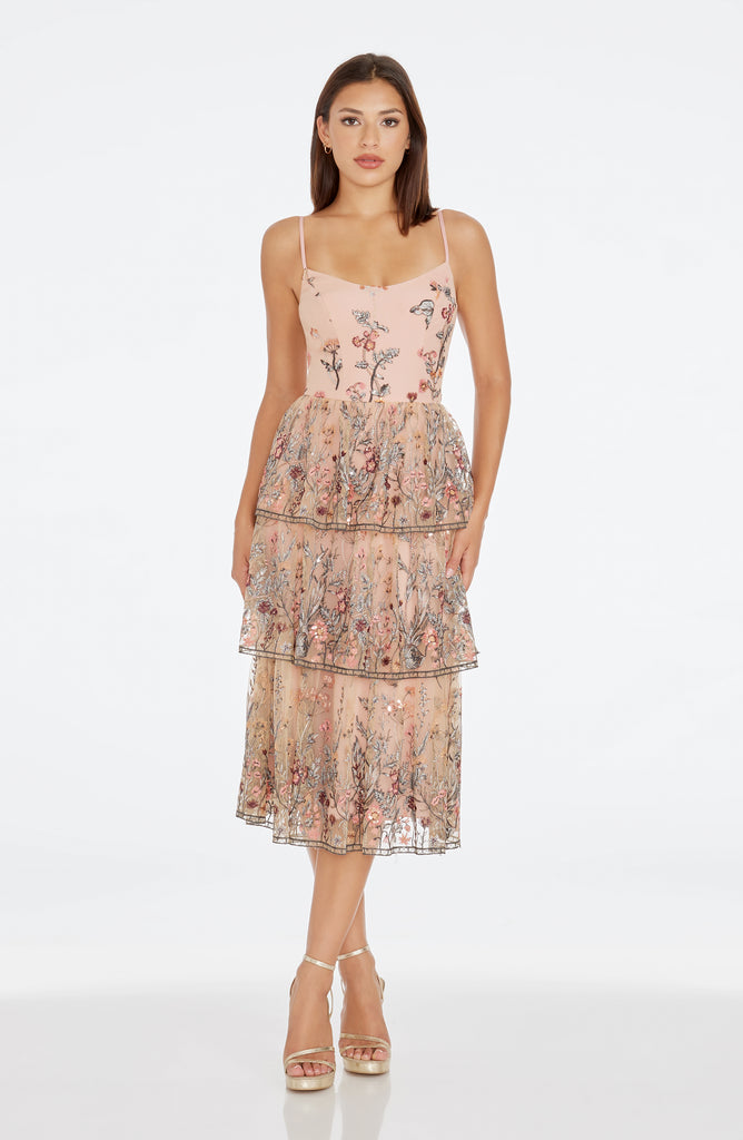 midi pastel yellow dress V-Neck Tiered A-Line Chiffon Midi Bridesmaid Dress in Pastel Yellow