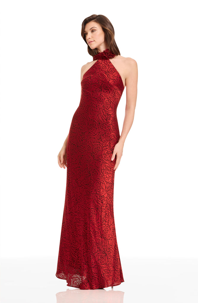 Dress the Population Olivia Mock Neck Sheath Gown - Rouge Multi