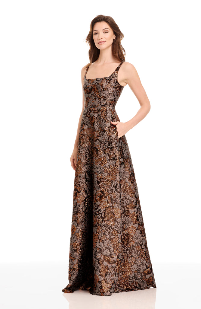Dress the Population Vienna Metallic Pattern Square Neck A-Line Gown, Womens, S, Bronze Multi Dress the Population Vienna Metallic Pattern Square Neck A-Line Gown, Womens, S, Bronze Multi