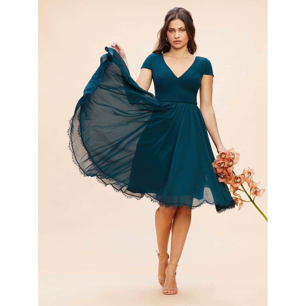Dress the Population Corey V Neck Cap Sleeve Lace Hem Midi Dress