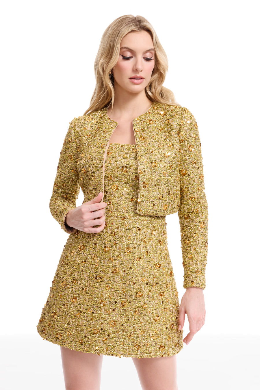 Dress The Population Andra Tweed Crop Boxy Fit Jacket, Womens, S, Gold Multi Dress The Population Andra Tweed Crop Boxy Fit Jacket, Womens, S, Gold Multi