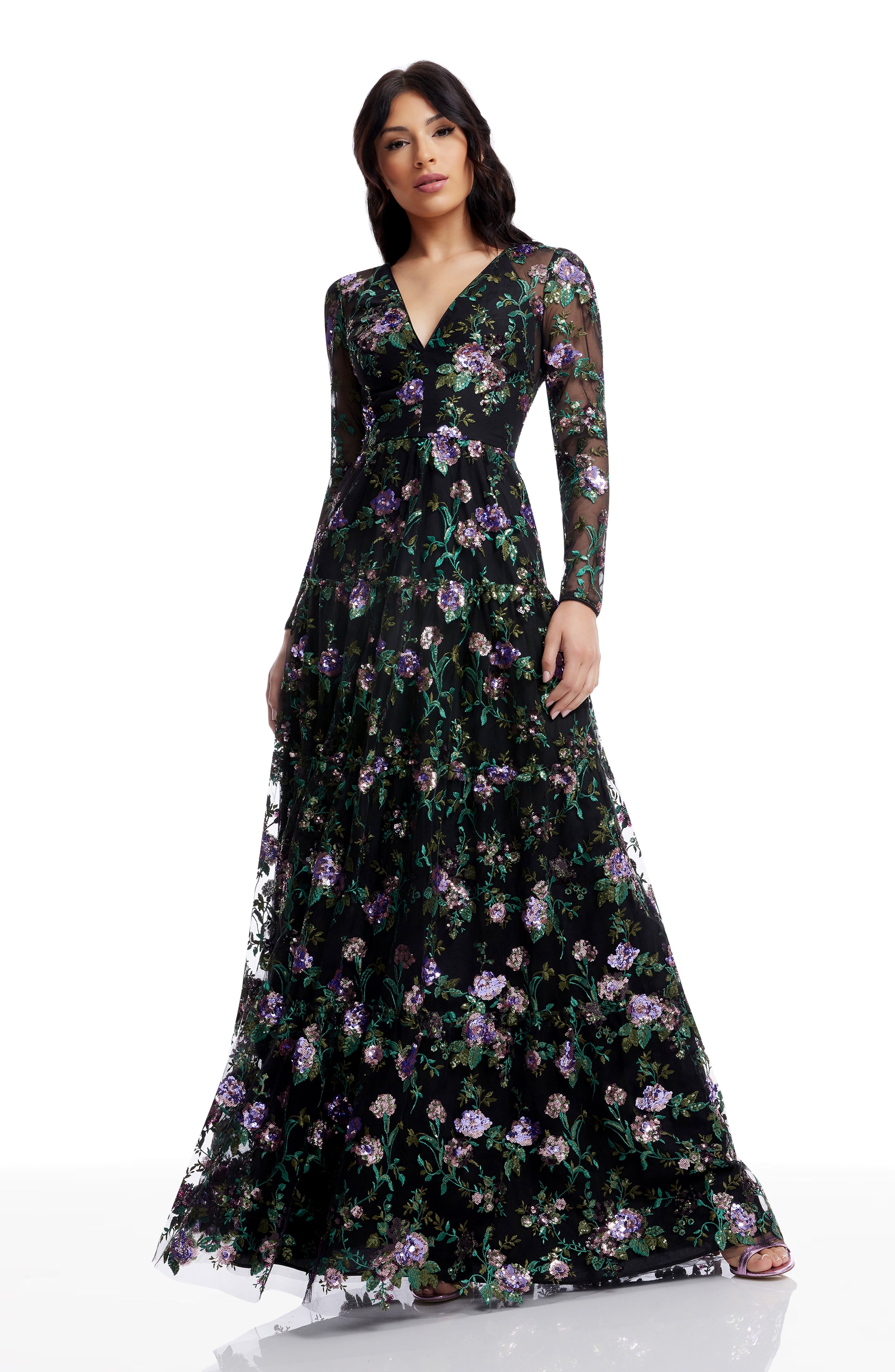 dress the population angelina long-sleeve v-neck maxi dress Angelina Dress XXL / Black MULTI