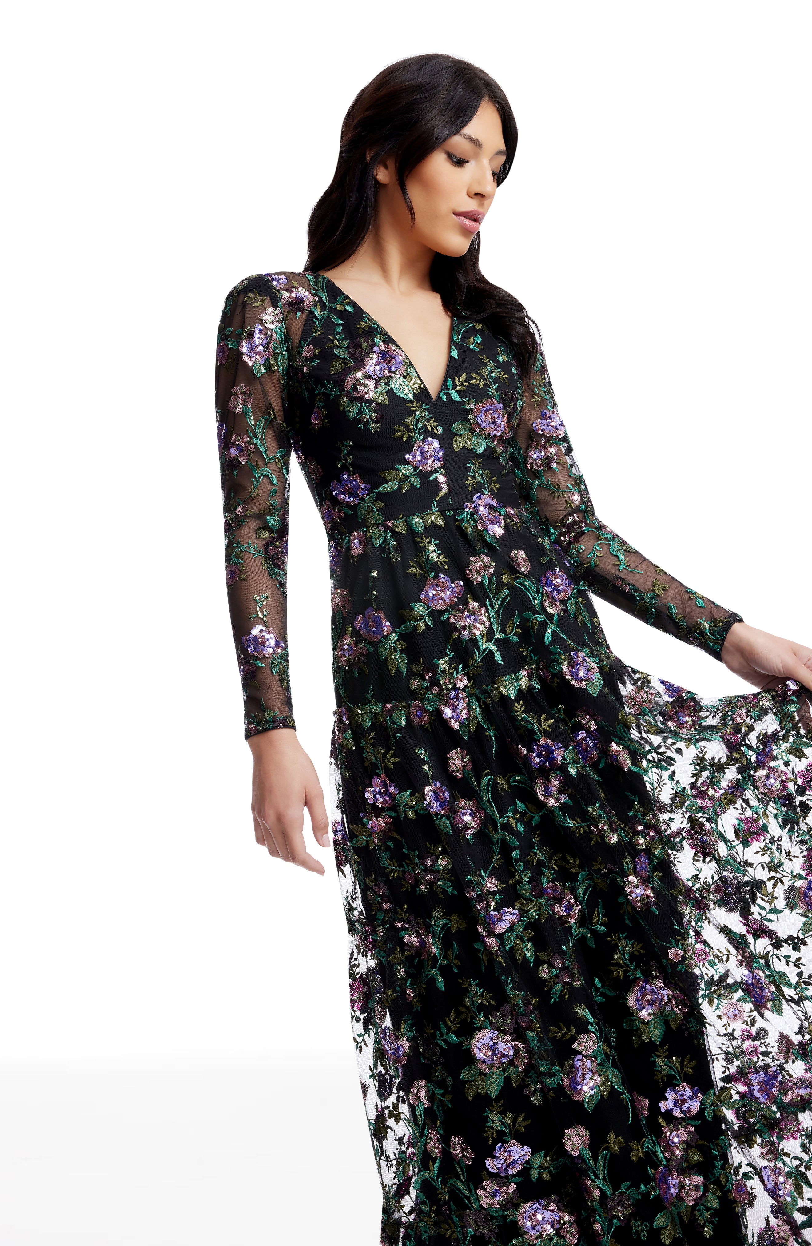 dress the population angelina long-sleeve v-neck maxi dress Angelina Floral Embroidery Long Sleeve Gown