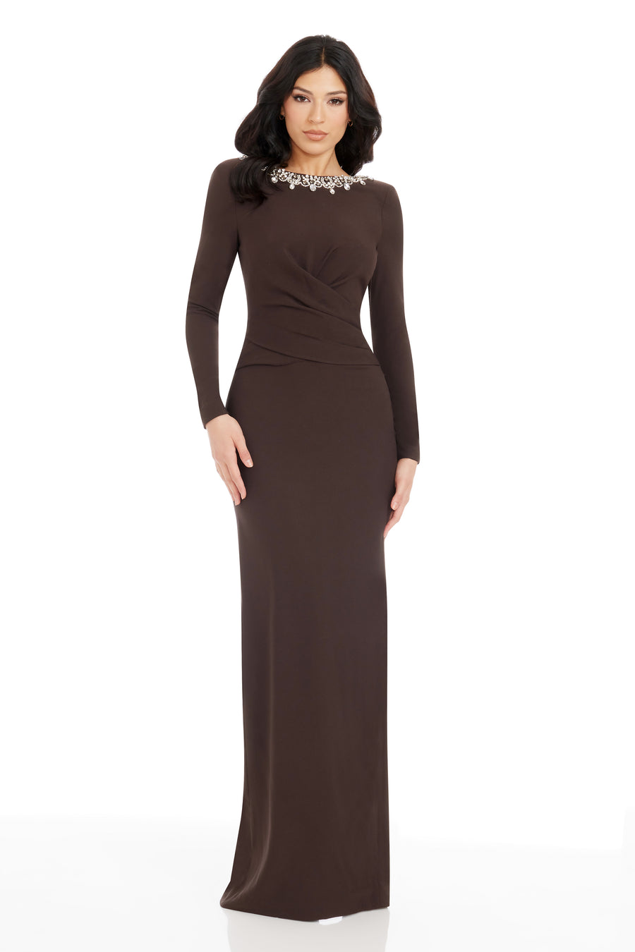 Dress the Population Women's Anne Embellished Long Sleeve Column Gown - Brown