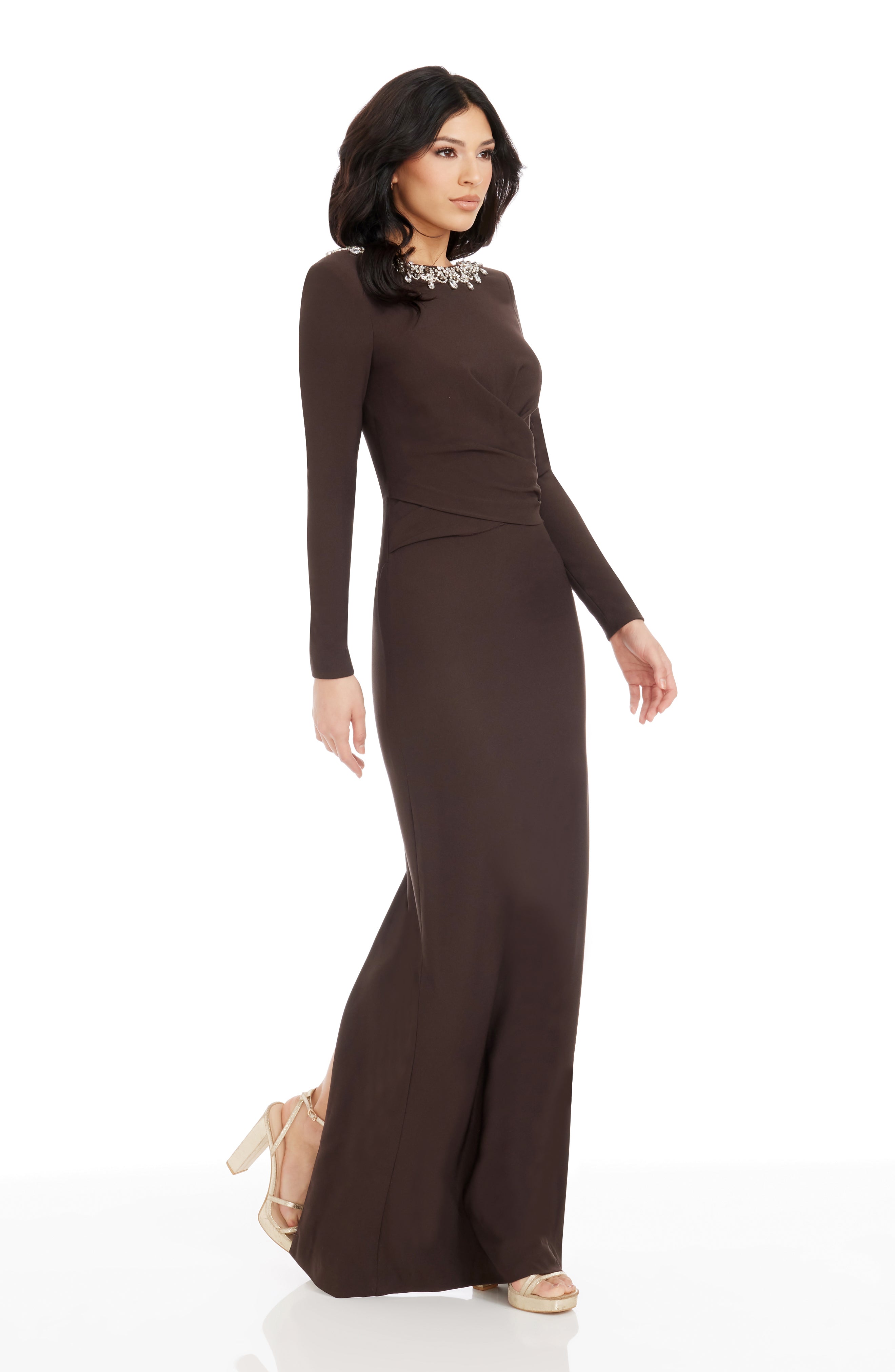 Dress the Population Black Label Anne Crystal-Embellished Column Gown, Mocha, Women's, M, Column Gowns