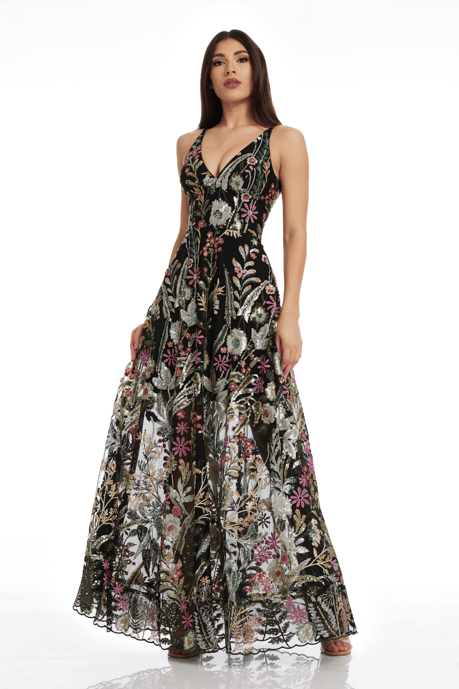 Dress The Population Ariyah Floral Sequin A-Line Gown - Black Multi Dress The Population Ariyah Floral Sequin A-Line Gown - Black Multi