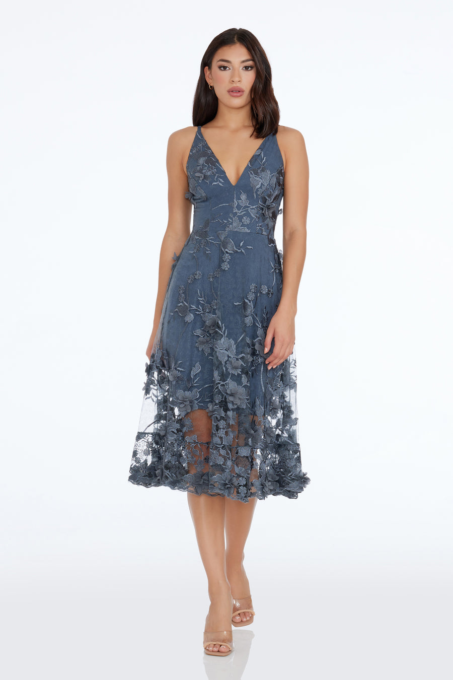 Dress The Population Audrey Floral Applique Lace Dress - Steel - Size S Dress The Population Audrey Floral Applique Lace Dress - Steel - Size S