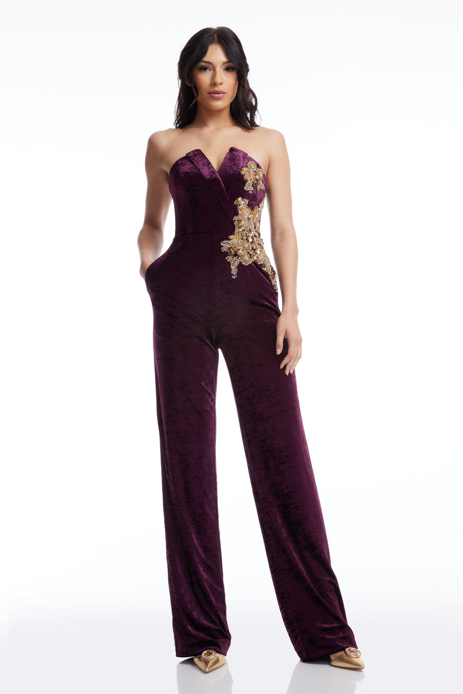 Dress The Population Beck Velvet Strapless V-Neck Sleeveless Wide Leg Beaded Jumpsuit, Womens, XS, Deep Plum Dress The Population Beck Velvet Strapless V-Neck Sleeveless Wide Leg Beaded Jumpsuit, Womens, XS, Deep Plum