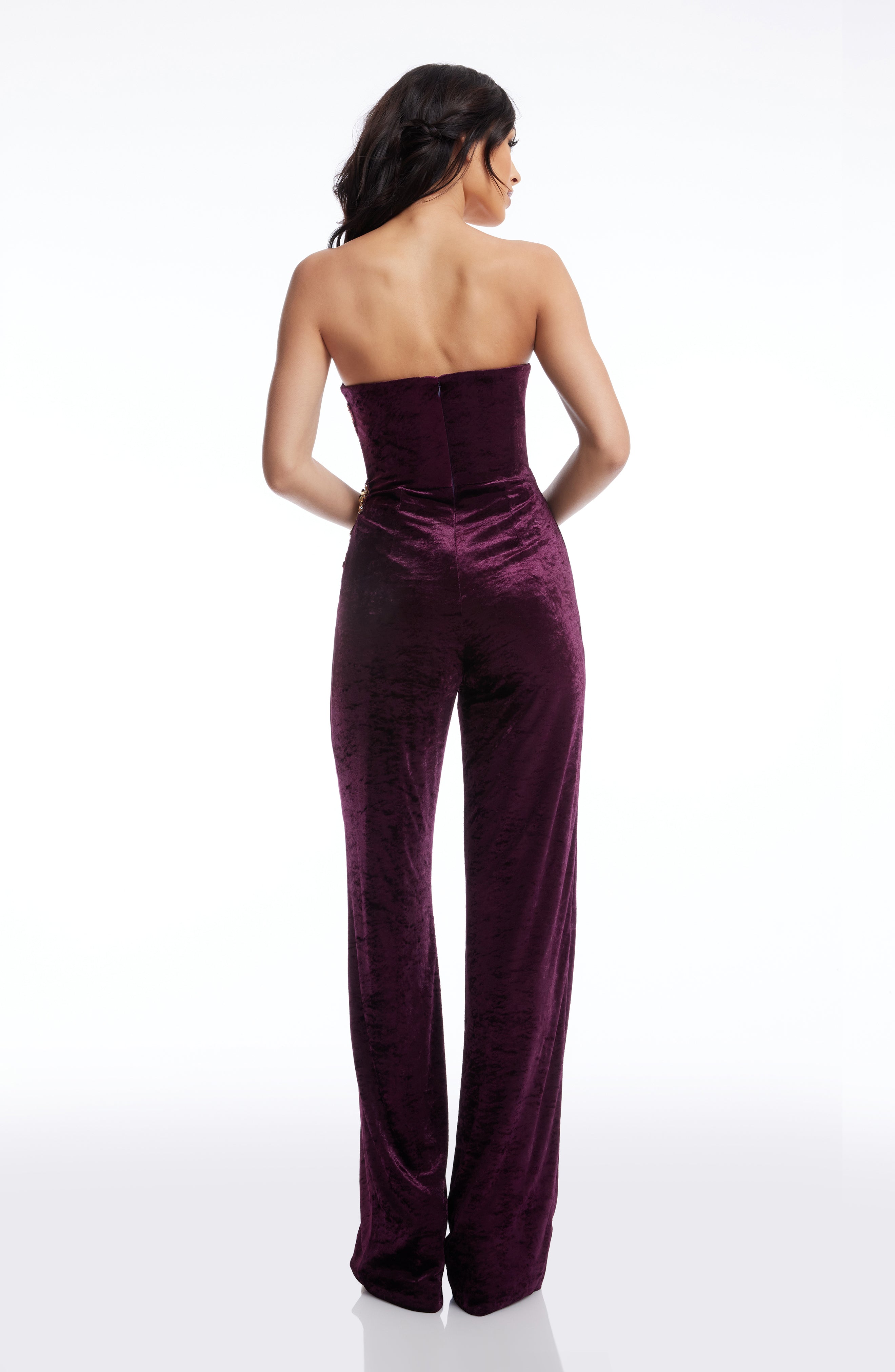 Dress The Population Beck Velvet Strapless V-Neck Sleeveless Wide Leg Beaded Jumpsuit, Womens, XS, Deep Plum