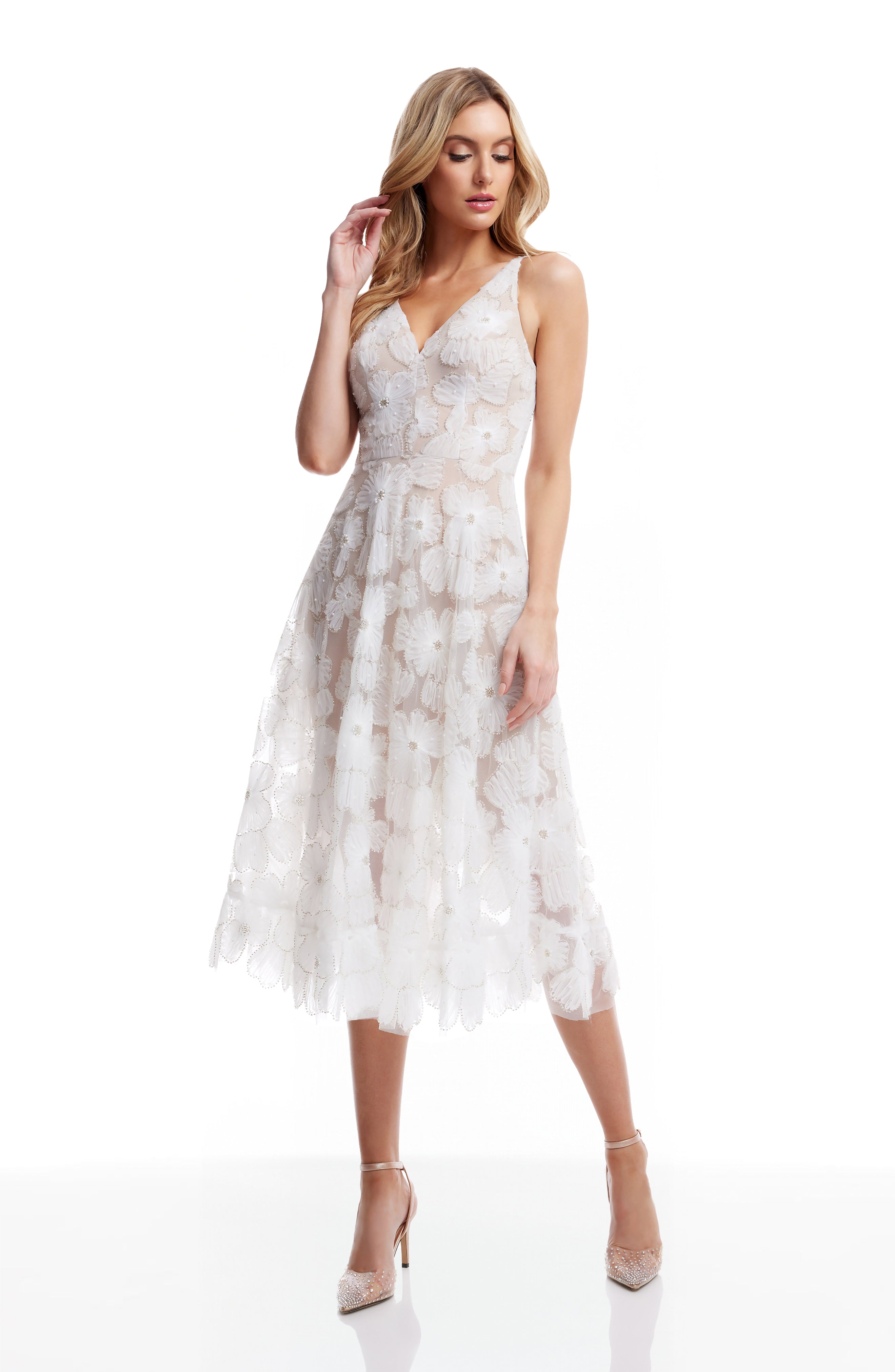 Dress The Population Women's Blair Beaded Floral Cocktail Midi Dress - White - Casual Dresses Dress The Population Women's Blair Beaded Floral Cocktail Midi Dress - White - Casual Dresses