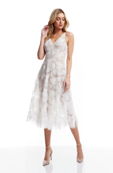 Dress The Population Women's Blair Beaded Floral Cocktail Midi Dress - White