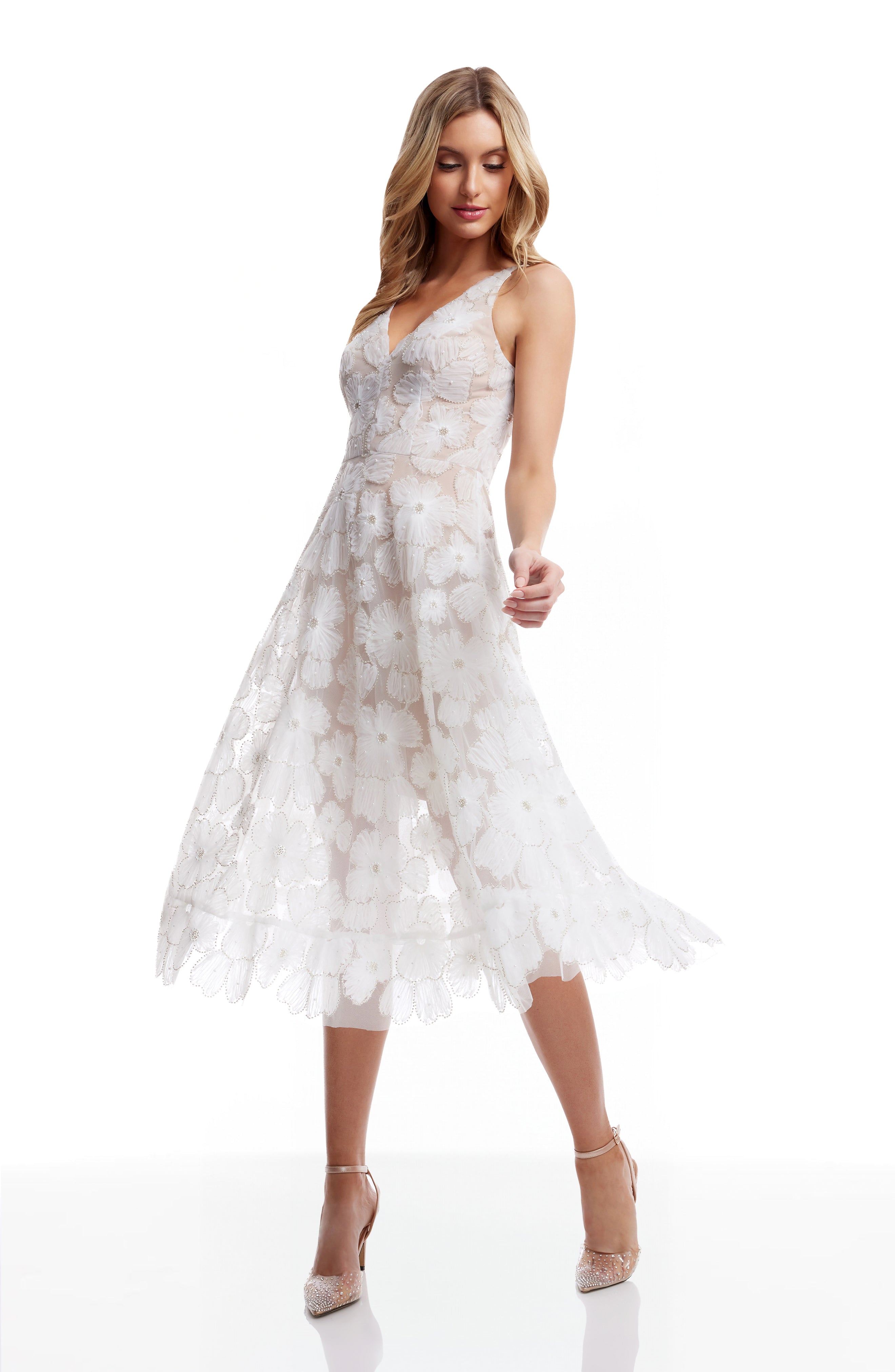 Dress The Population Women's Blair Beaded Floral Cocktail Midi Dress - White - Casual Dresses Dress The Population Women's Blair Beaded Floral Cocktail Midi Dress - White - Casual Dresses