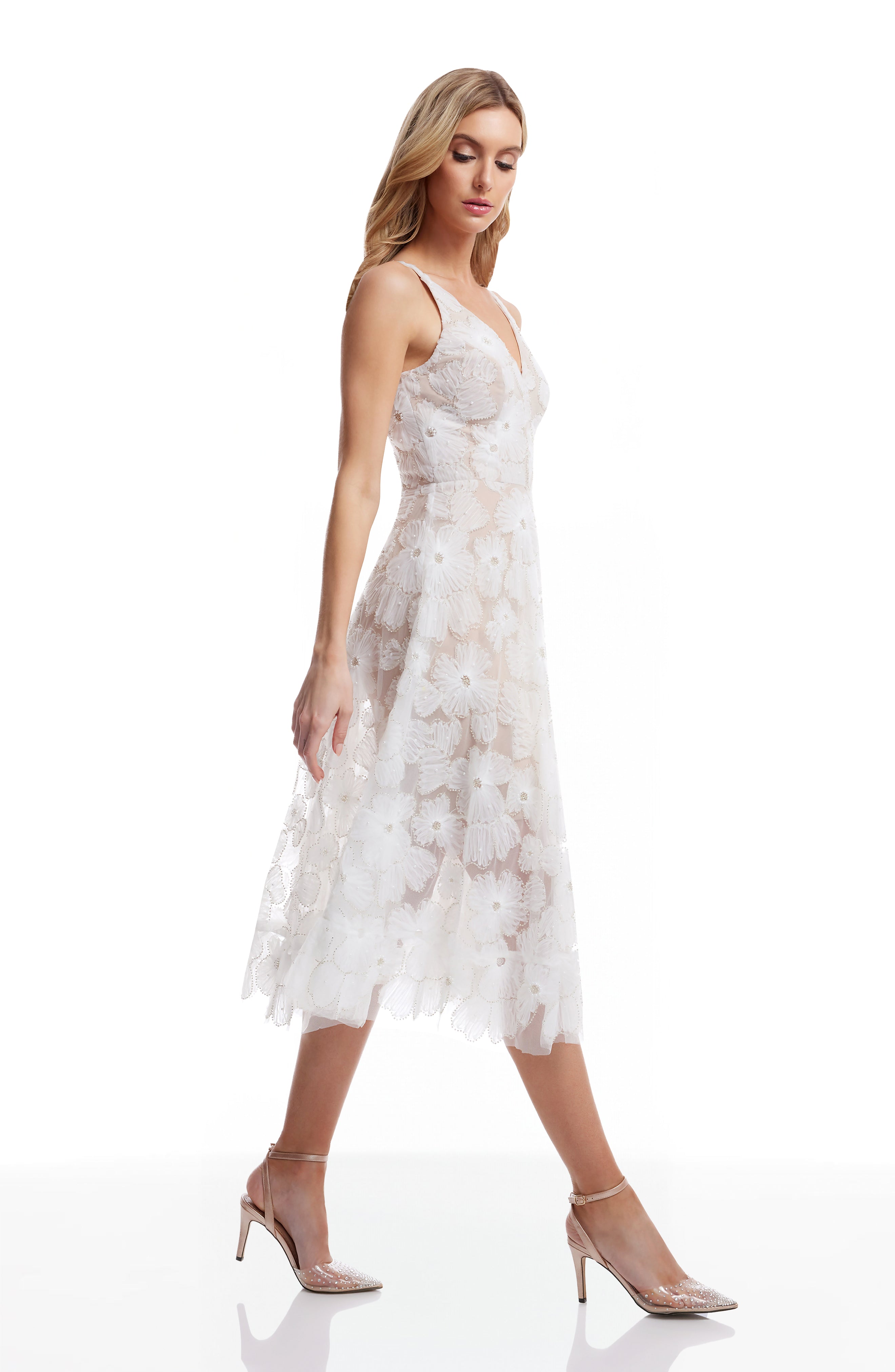 Dress The Population Women's Blair Beaded Floral Cocktail Midi Dress - White