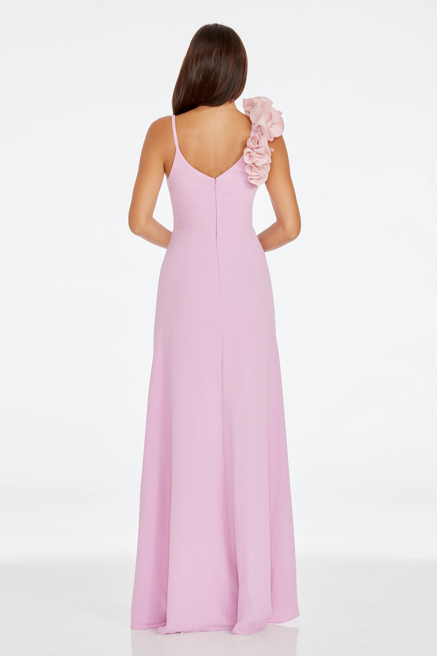 dress the population camelia ruffle-shoulder v-neck stretch crepe maxi dress Dress the Population Camelia A-Line V-Neck Rouched Crepe Dress