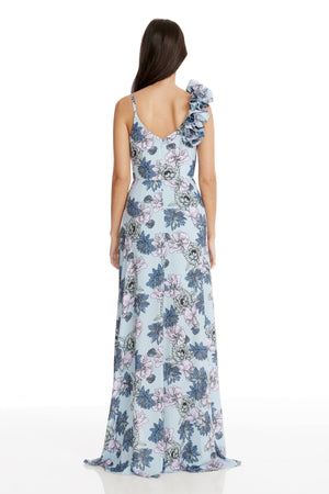 dress the population camelia ruffle-shoulder v-neck stretch crepe maxi dress Camelia Gown Dress the Population