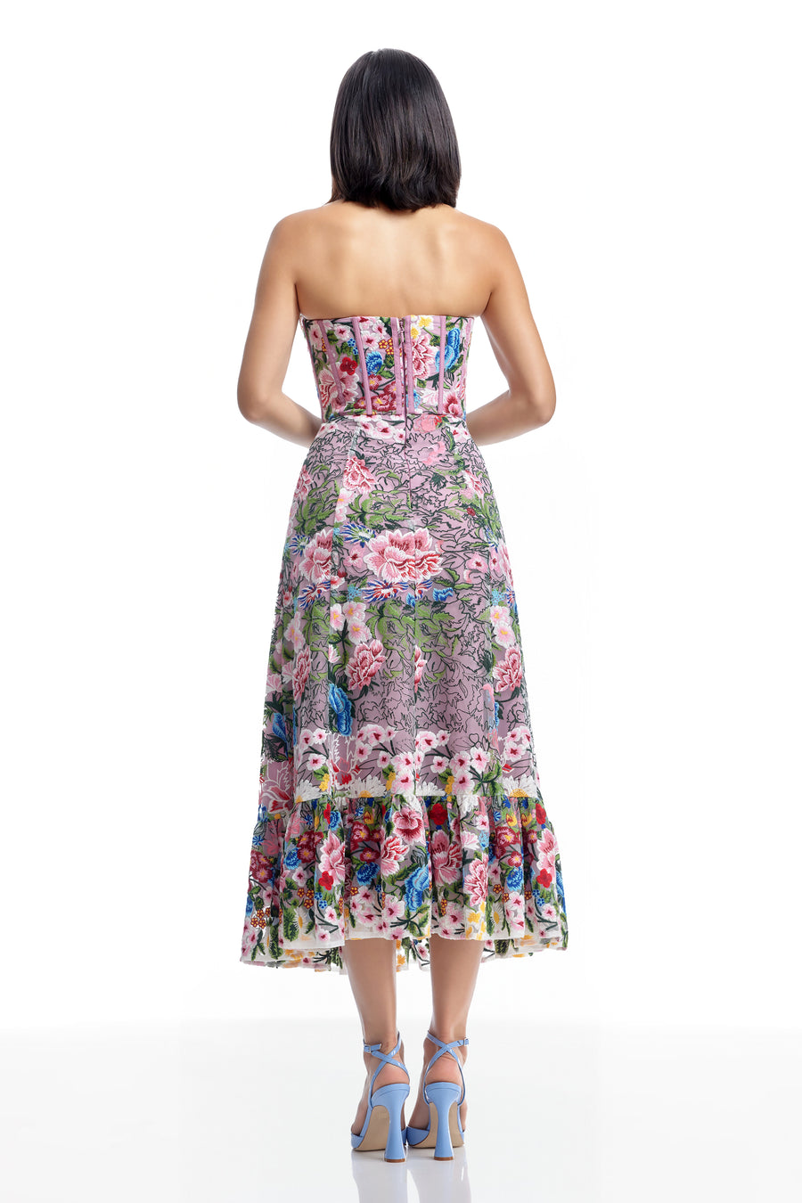dress the population carina sage Carina Floral Embroidered Strapless Bustier Midi Dress In Multi