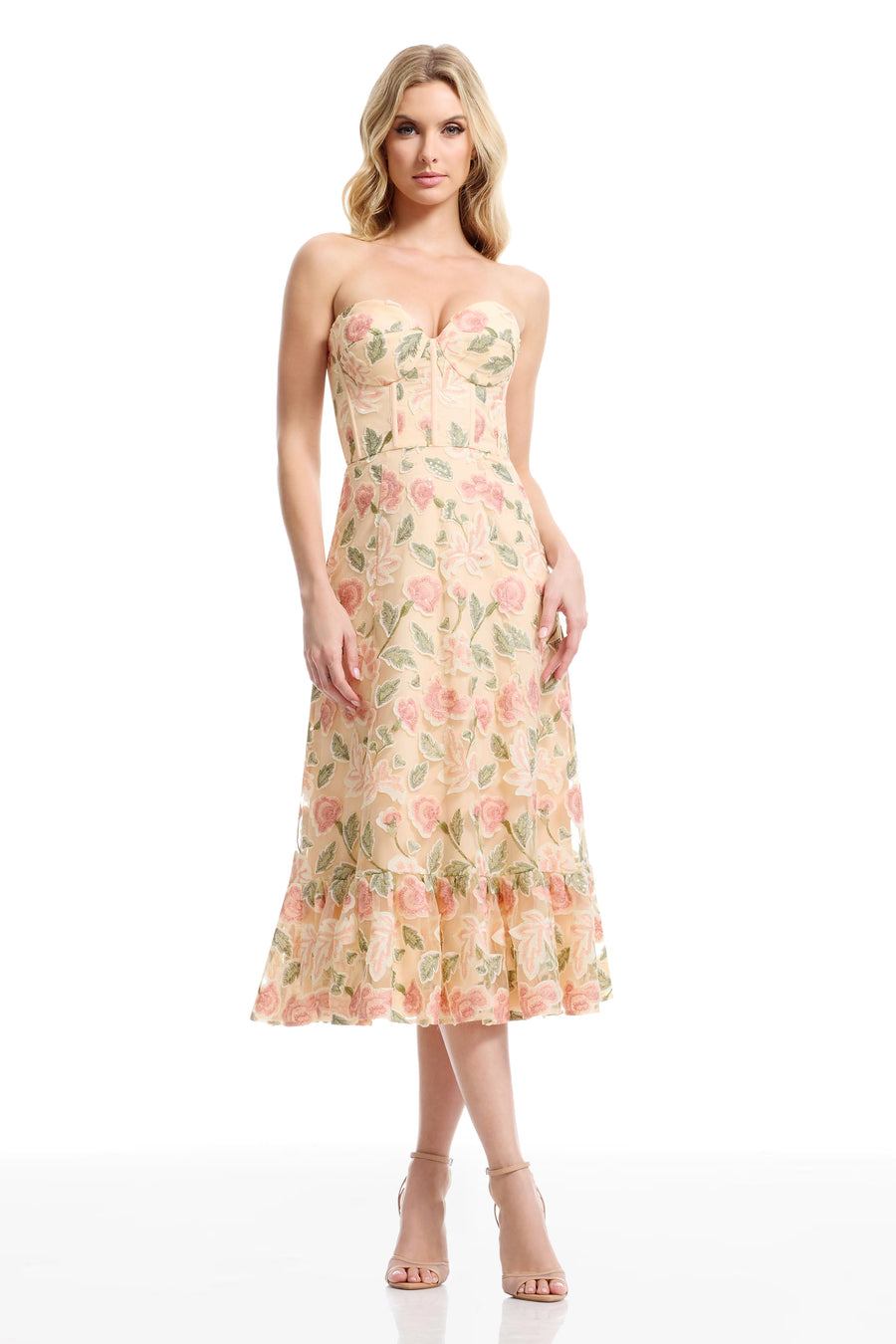 Dress the Population Women's Carina Strapless Sweetheart Floral Ruffle Dress
