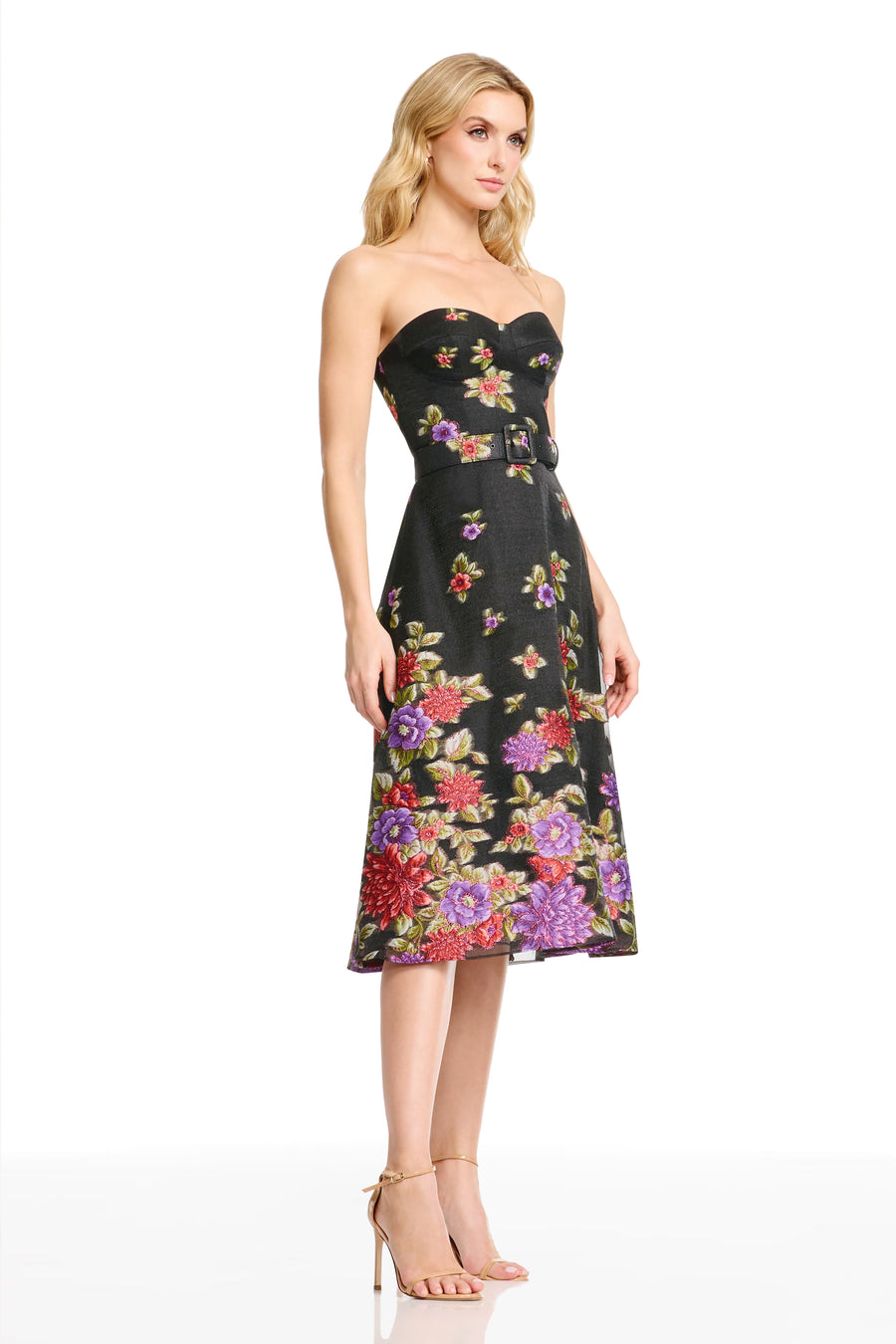 carlita floral embroidery bustier midi dress Dress The Population Carlita Bustier A-Line Midi Dress In Black