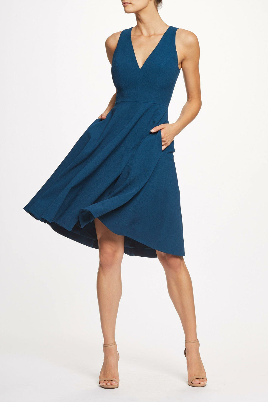 catalina crepe v neck sleeveless a line dress Dress The Population Catalina Fit & Flare Skater V-Neck Dress Peacock Blue Small