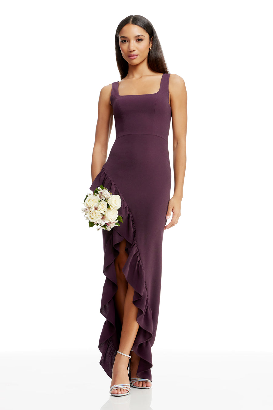 dress the population charlene square-neck ruffle side-slit gown Charlene Gown