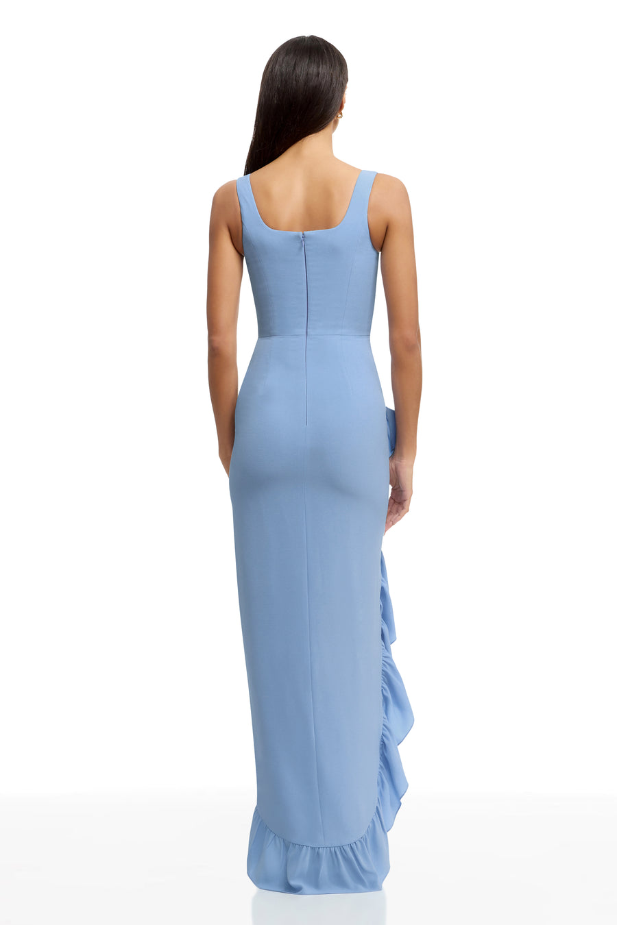 dress the population charlene square neck ruffle side slit gown Dress the Population Charlene Dress - Blue