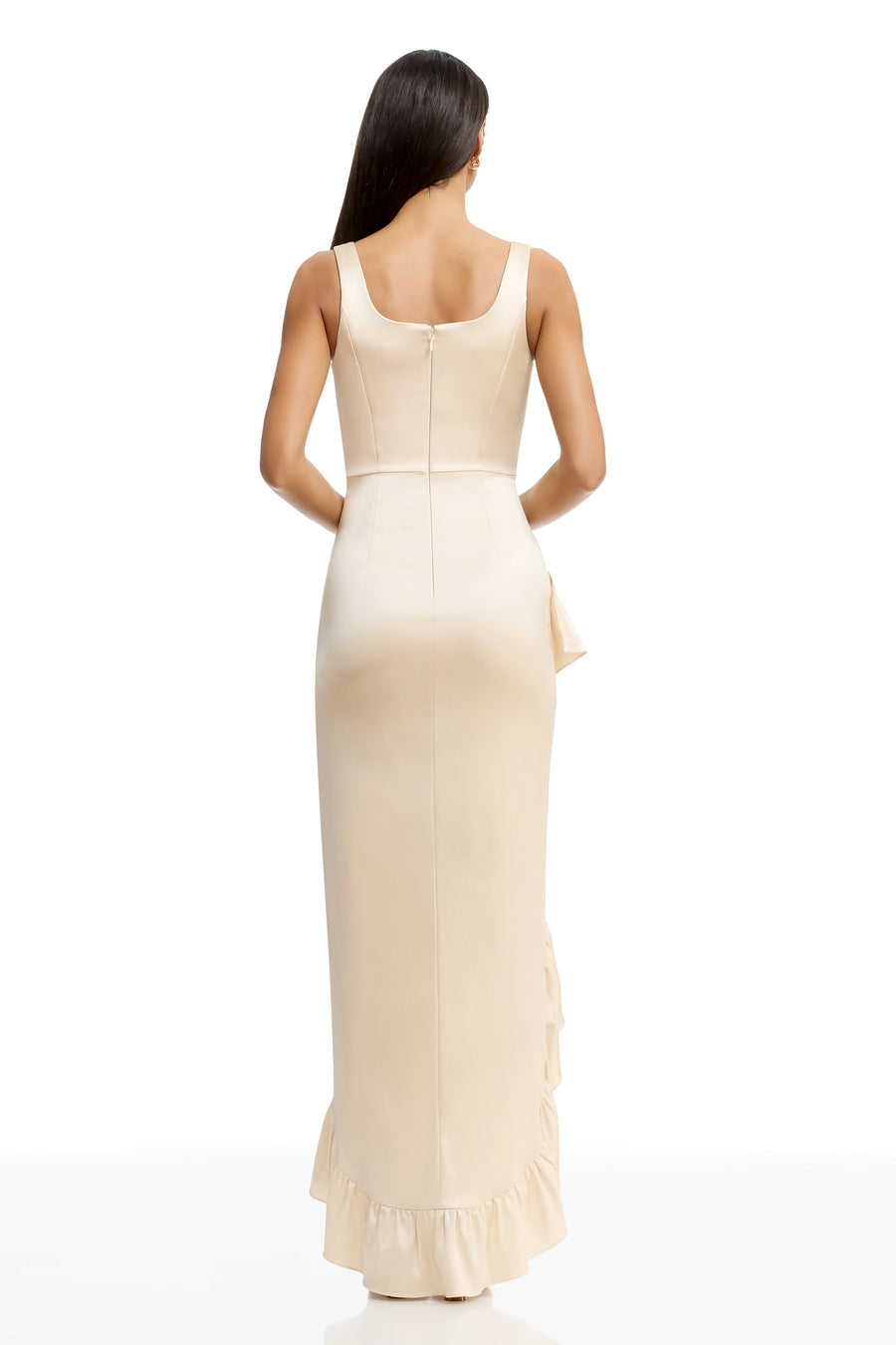 dress the population charlene square neck ruffle side slit gown Dress The Population Charlene Square-Neck Ruffle Side-Slit Gown