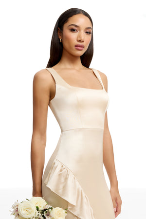 dress the population charlene square-neck ruffle side-slit gown Dress the Population Women's Charlene Ruffle Gown - White