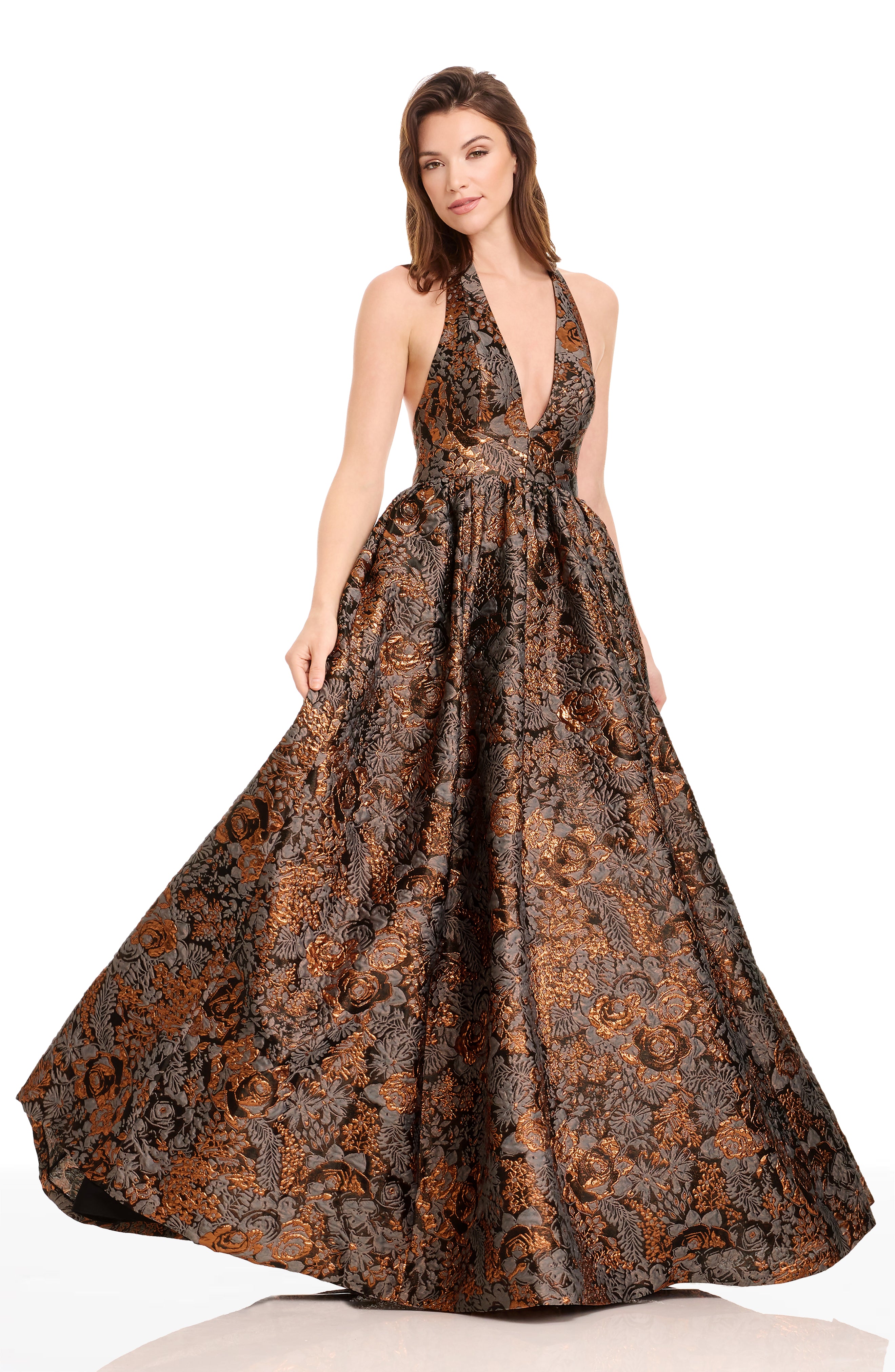 Dress The Population Women's Christina Metallic Floral Jacquard Plunge Halter Neck Gown - Brown - Gowns
