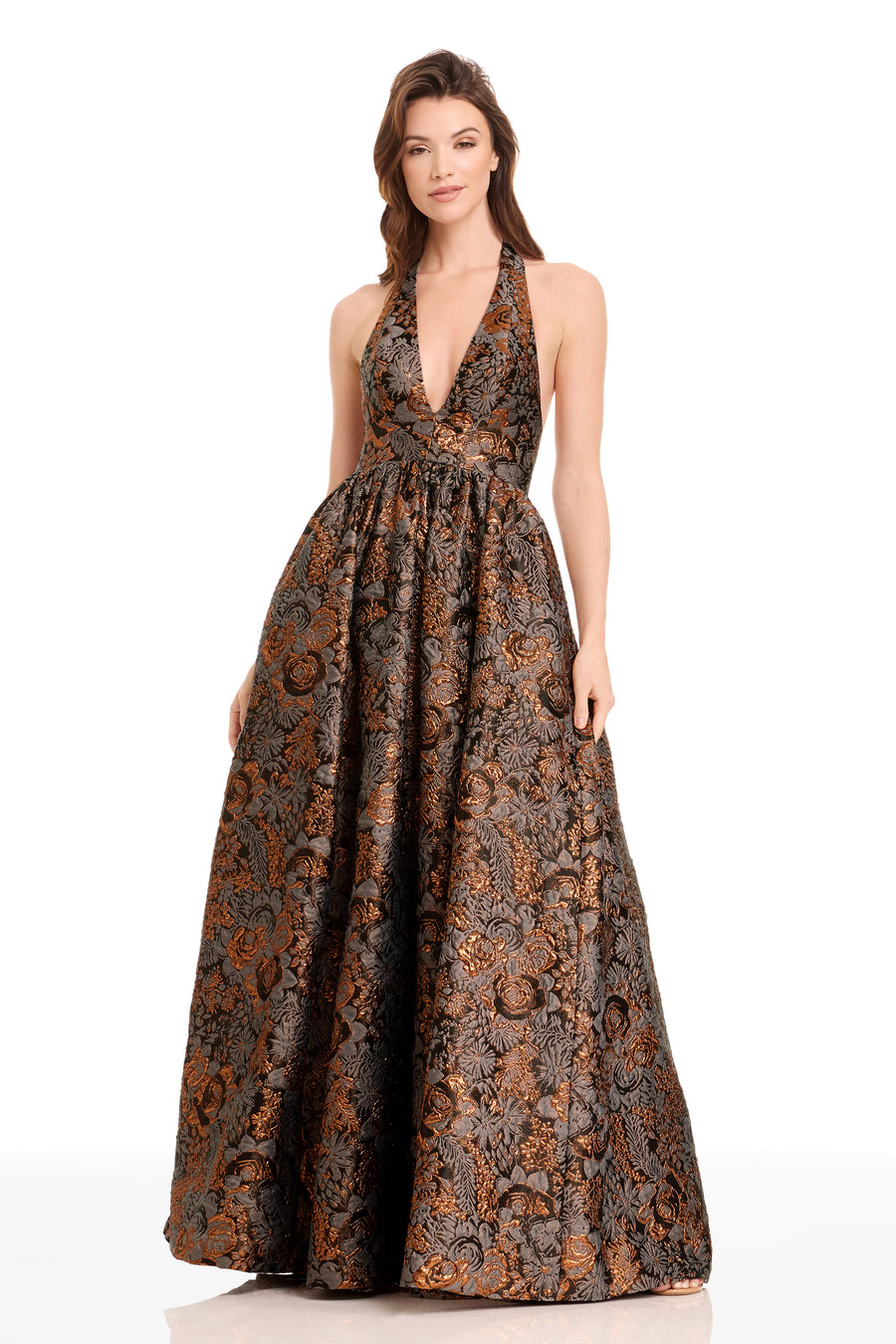 Dress the Population Black Label Christina Metallic Floral Jacquard Halter Gown, Bronze Mul, Women's, L, Halter Neck Gowns Dress the Population Black Label Christina Metallic Floral Jacquard Halter Gown, Bronze Mul, Women's, L, Halter Neck Gowns