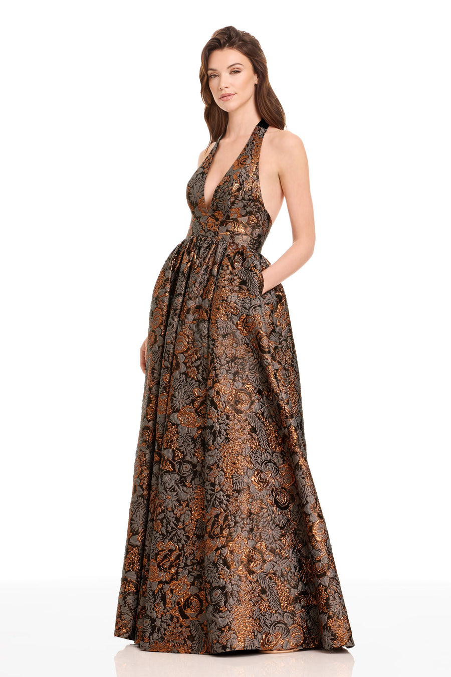 Dress the Population Black Label Christina Metallic Floral Jacquard Halter Gown, Bronze Mul, Women's, L, Halter Neck Gowns Dress the Population Black Label Christina Metallic Floral Jacquard Halter Gown, Bronze Mul, Women's, L, Halter Neck Gowns