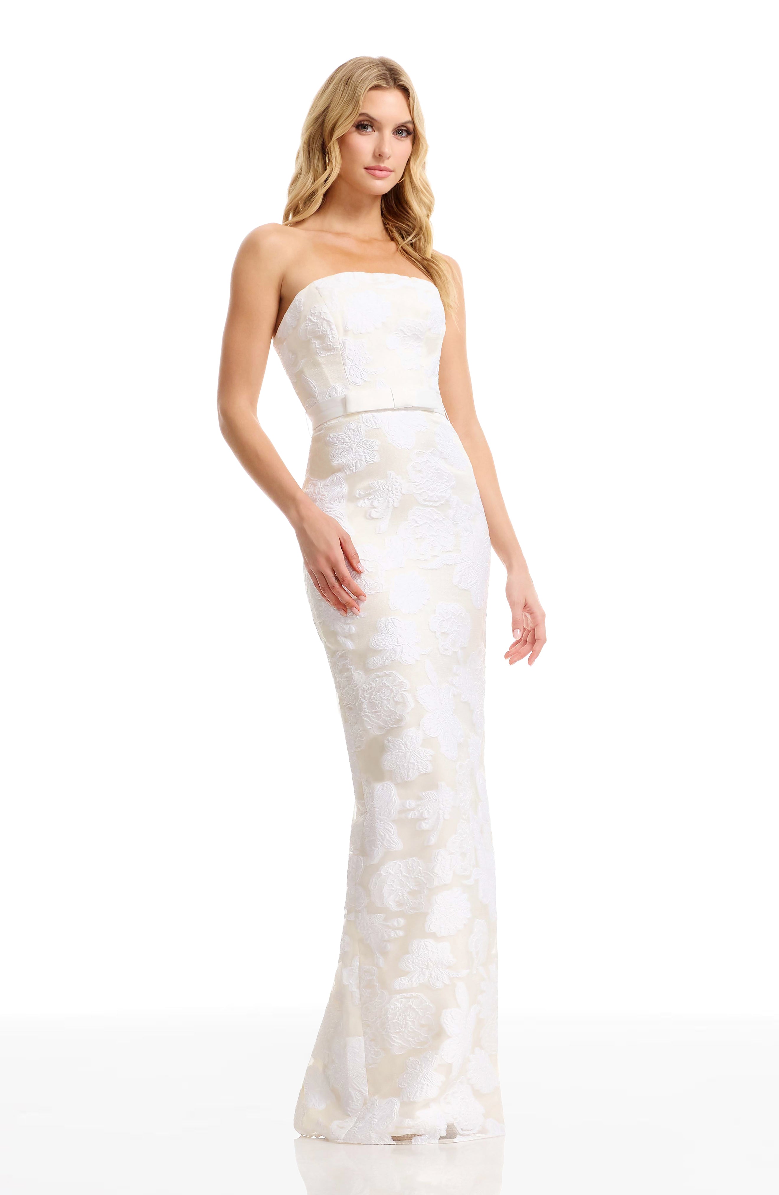foxiedox velvet embroidered dress Dress the Population Women's Colleen Floral Jacquard Strapless Mermaid Gown - White