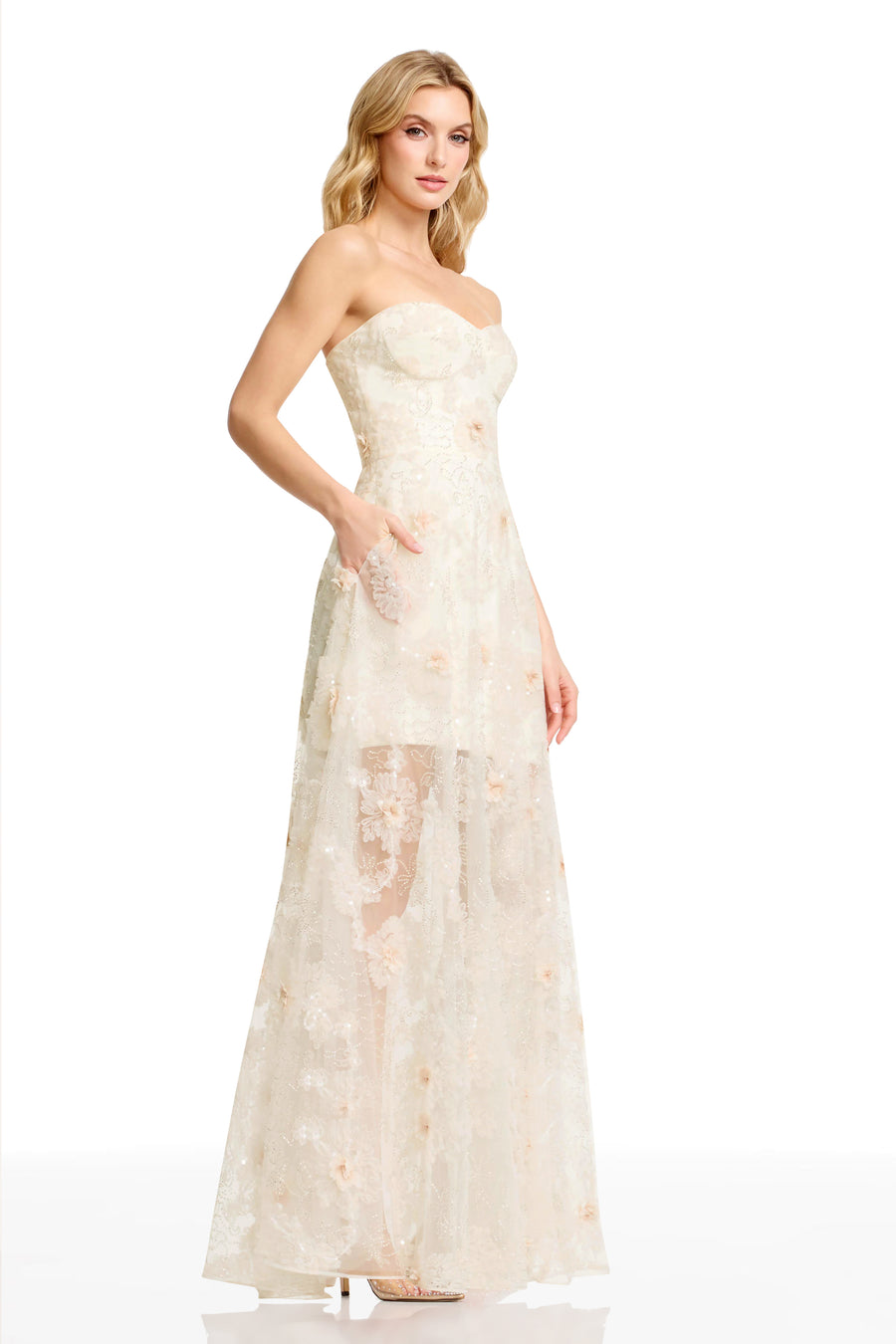 dress the population connor strapless sweetheart 3d floral chiffon dress Anthropologie, DRESS THE POPULATION CONNOR STRAPLESS