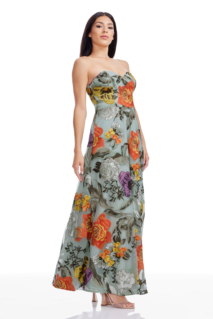 dress the population connor strapless sweetheart 3d floral chiffon dress Connor Dress