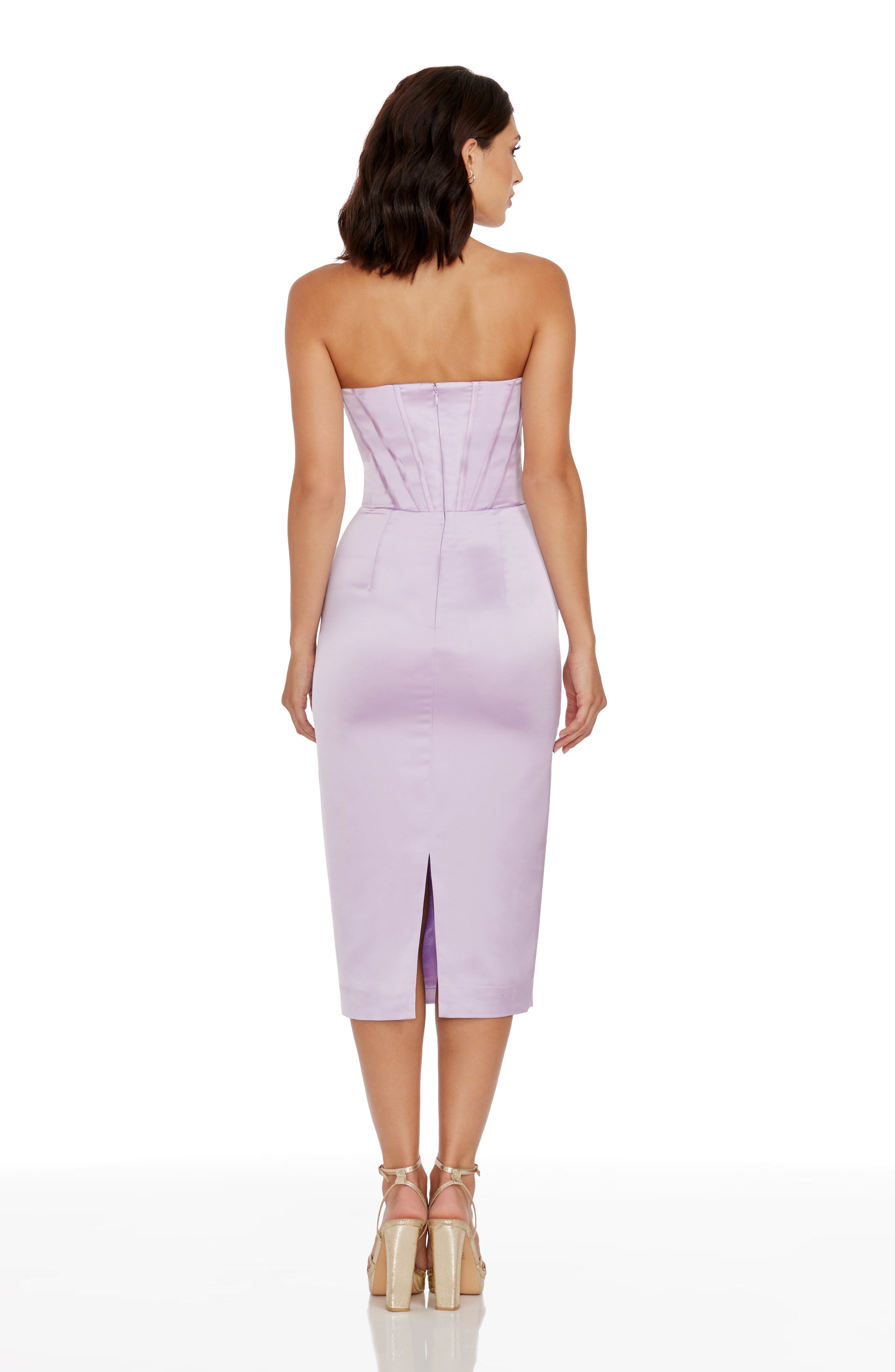 lilac strapless midi dress Cosette Satin Dress – Dress the Population