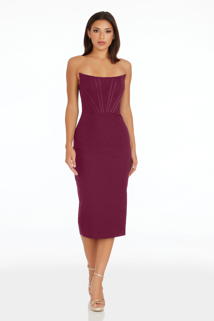 Dress the Population Women's Corset Strapless Midi Dress - ROUGE - M Dress the Population Women's Corset Strapless Midi Dress - ROUGE - M