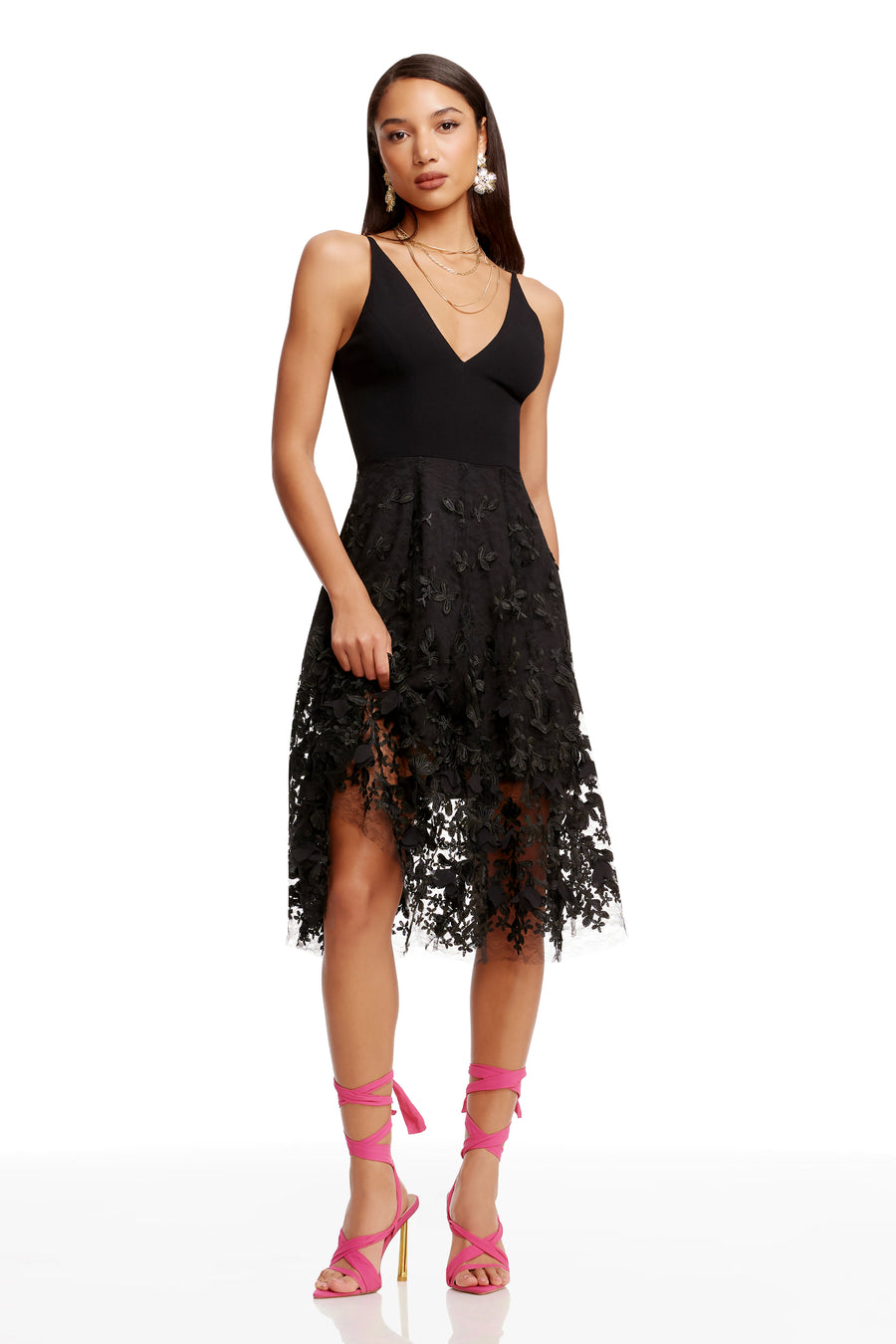 darleen v neck embroidered mesh cocktail dress Dress The Population Darleen Dress - Black