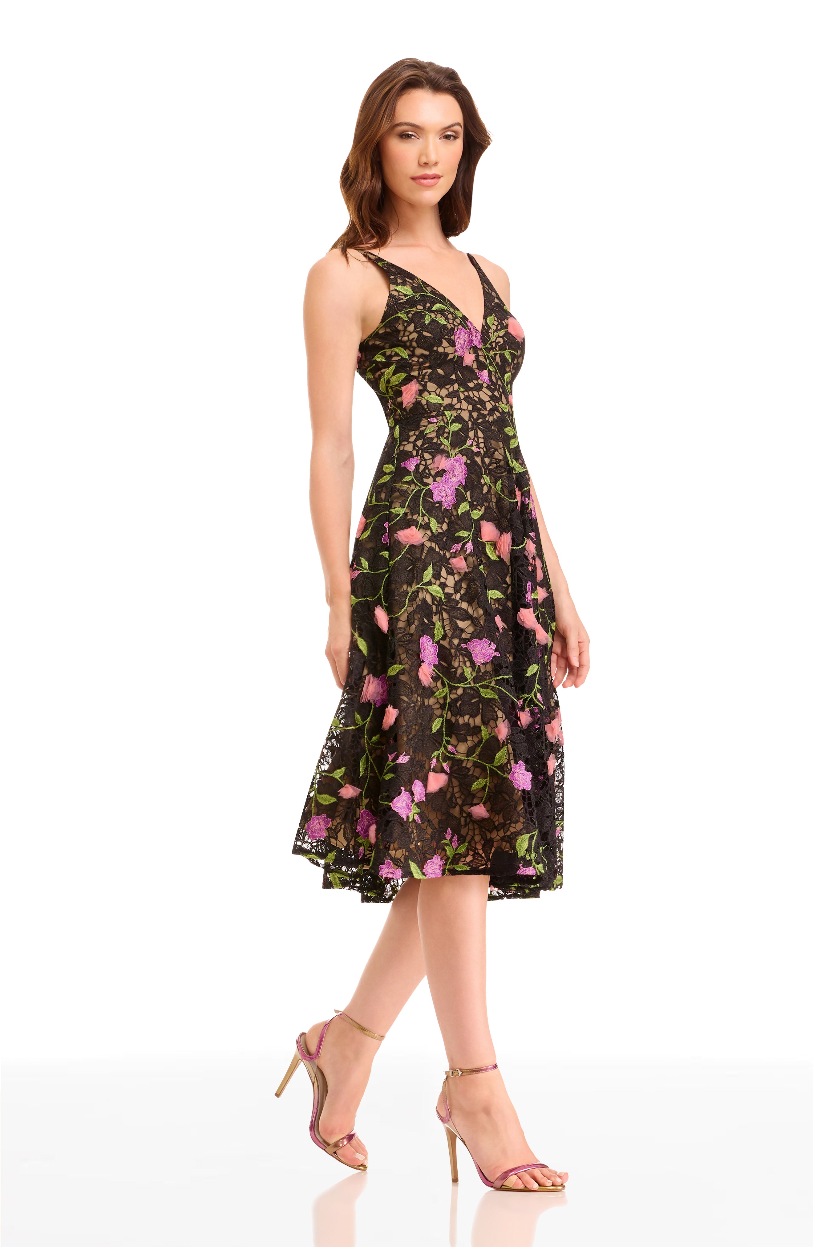 Dress the Population Elisa Floral Fit & Flare Midi-Dress - Black MULTI