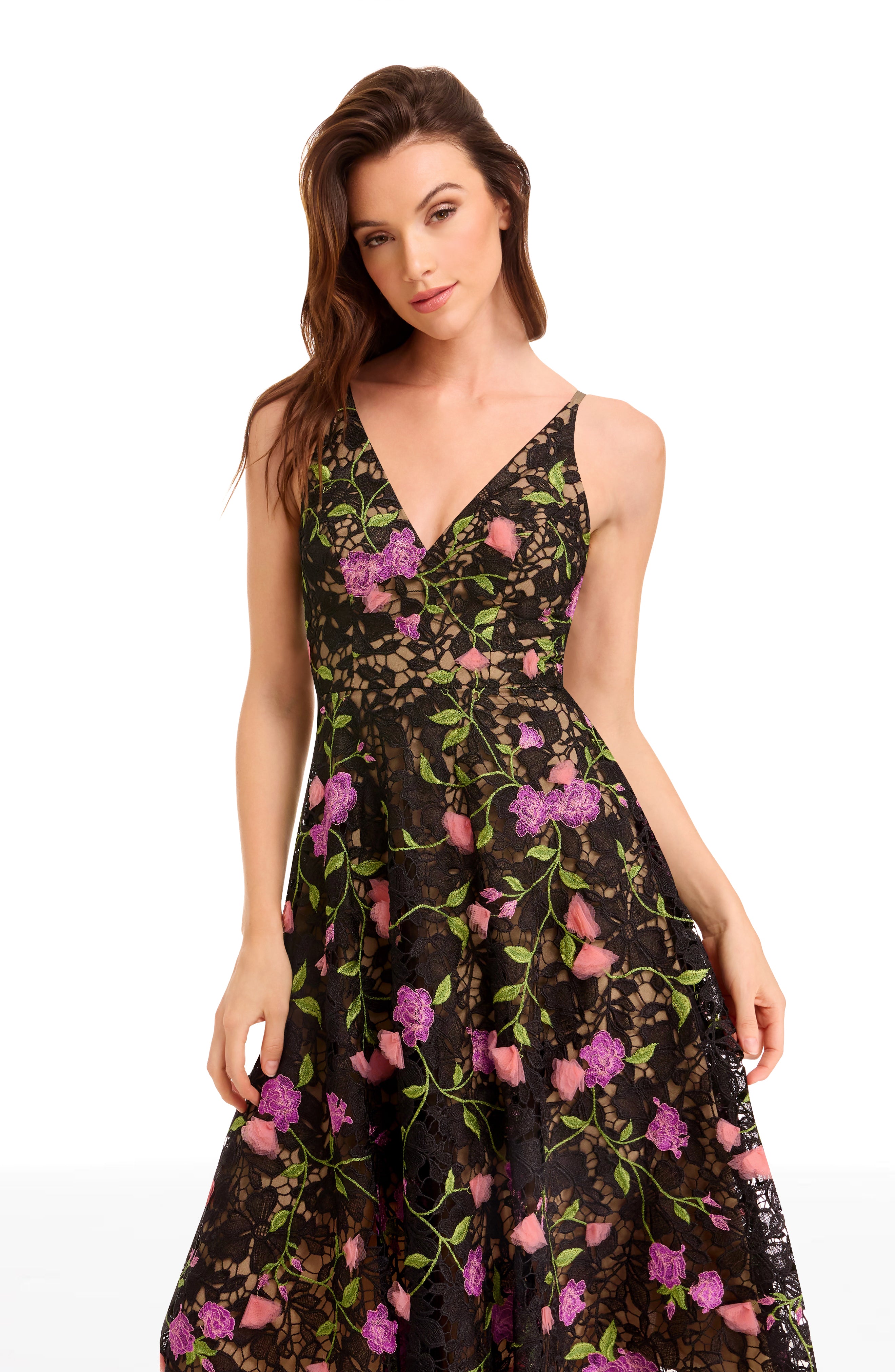 Dress the Population Women's Elisa Floral Fit & Flare Midi-Dress - Black Multi - Size Large Dress the Population Women's Elisa Floral Fit & Flare Midi-Dress - Black Multi - Size Large