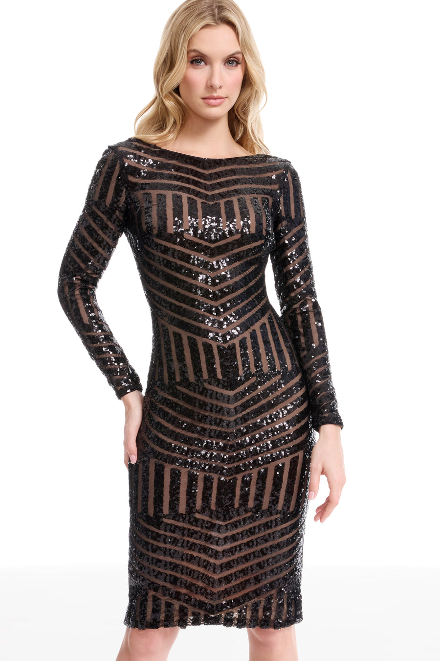 emery long sleeve sequin cocktail dress dress the population Emery Dress, M / SILVER/NUDE